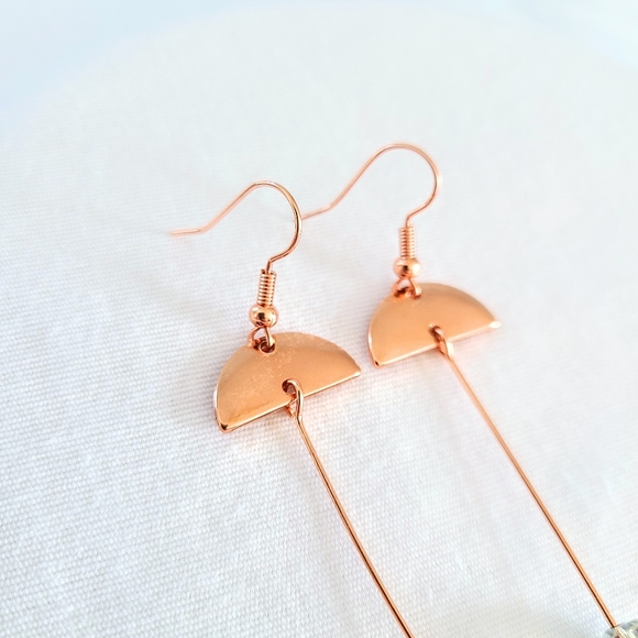 Subtle Delights Handmade Abstract Art Rose Gold & Iridescent Blue Glass Earrings - Picture 2 of 4